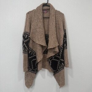 Selfie Couture Women Geometric Print Waterfall Cardigan Sweater S M Tan Black